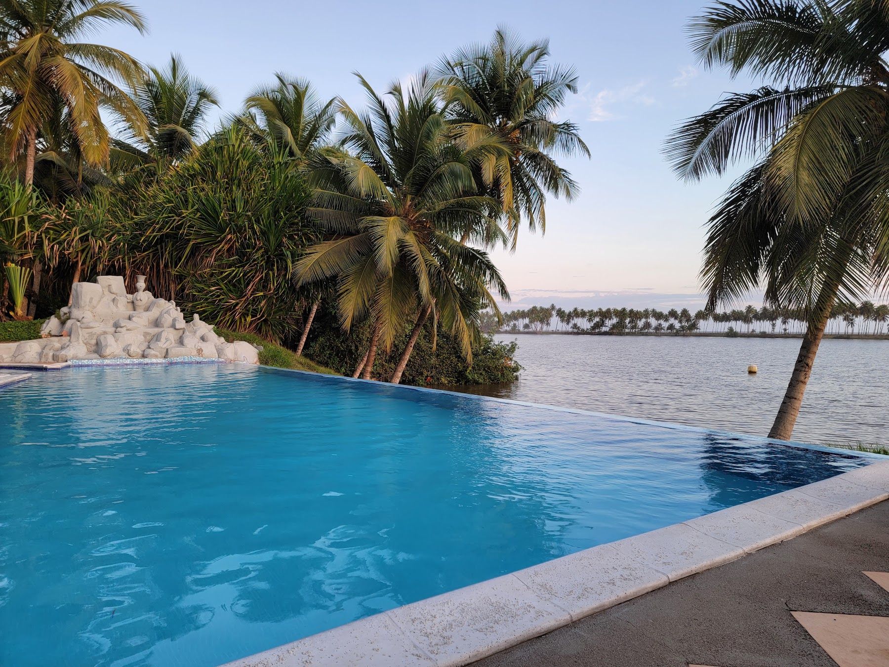 Piscine à débordement face à la lagune, entourée de palmiers